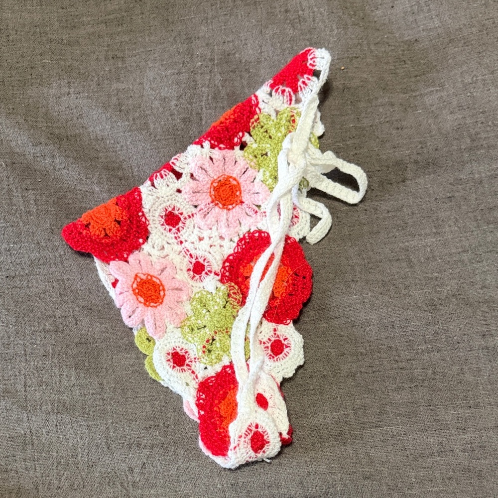 Crochet Floral Kids Headscarf - Red, Pink & White